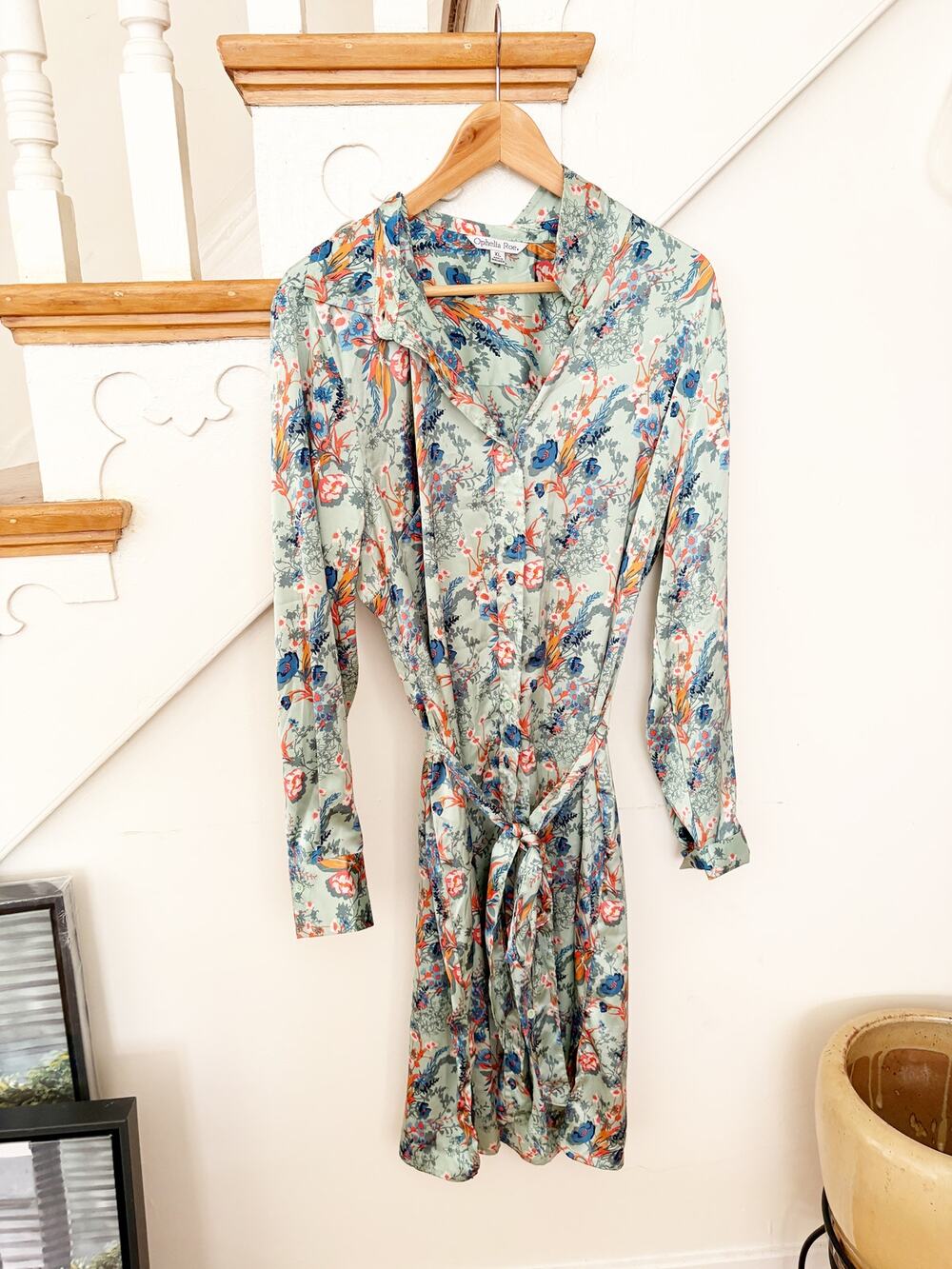 Ophelia Roe Floral Print Dress Sage Green Tie Waist Button Front Midi sz XL
